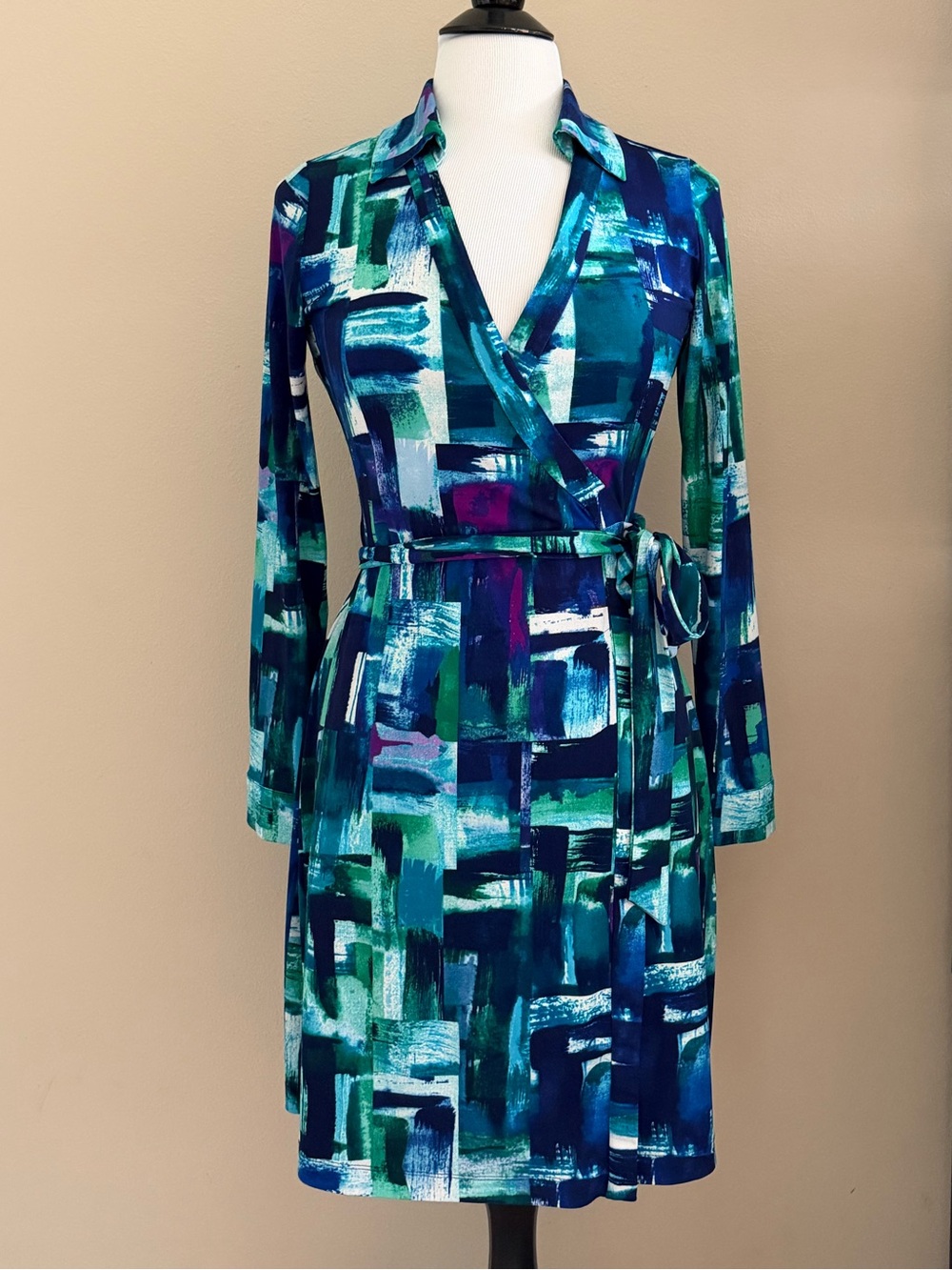 Calvin Klein Wrap Dress Blue Geometric Print Size 6